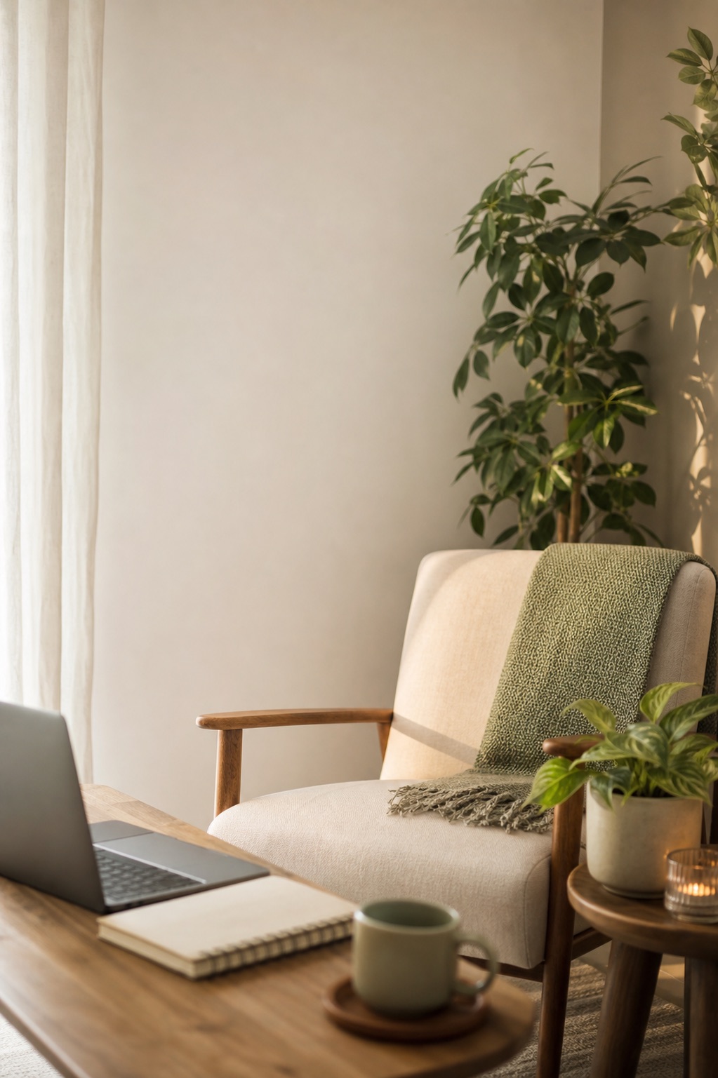 Warm online therapy setting with an armchair, plant, and natural light